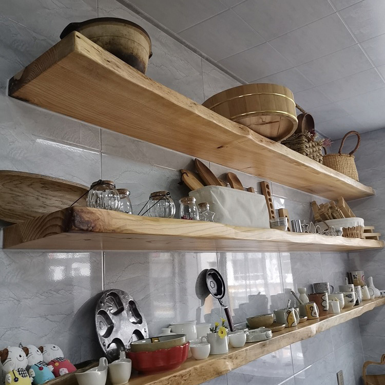 Minimalist Wall-Mounted Solid Wood Shelf for Store or Home Kitchen, Irregular Natural Wood Floating Wall Shelf