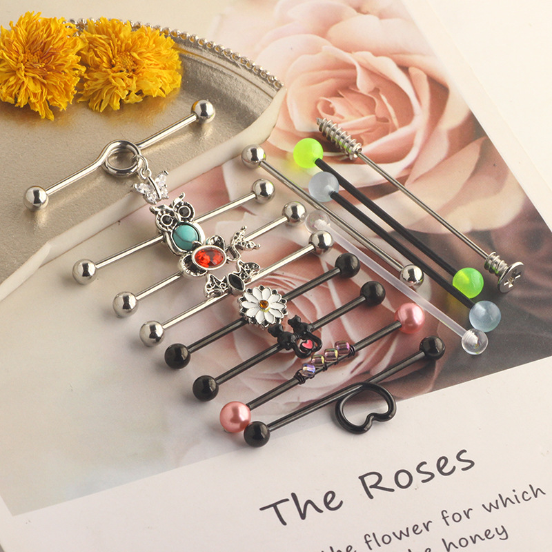 European American Trendy Ear Studs Butterfly Snake Industrial Barbell Cross Bar Ear Bone Nail Piercing Jewelry Set detail image 9