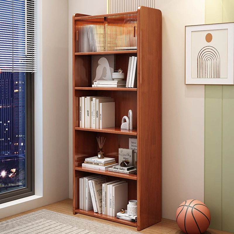 Solid Wood Bookshelf Floor-Standing Storage Rack Storage Cabinet Living Room Combination Bookcase Children's Storage Cabinet Small Apartment Walnut Color