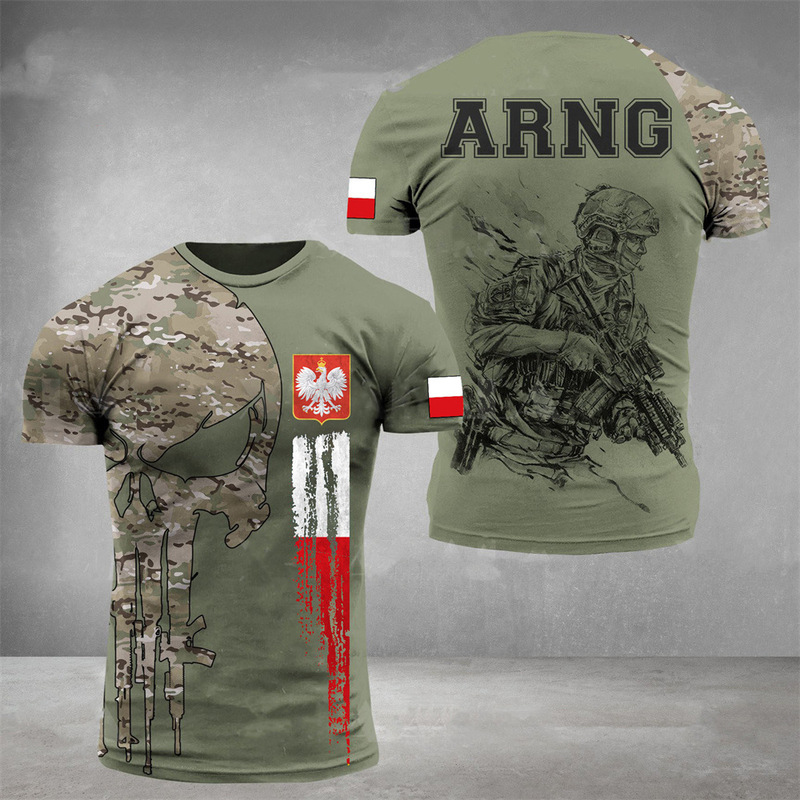 Cross-border new Polish 3d printed T-shirt Polish soldier Army veteran flag high quality T-shirt summer round neck men