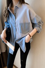 白枕鹤牛仔衬衫女春装新款韩版宽松长袖上衣设计感小众衬衣