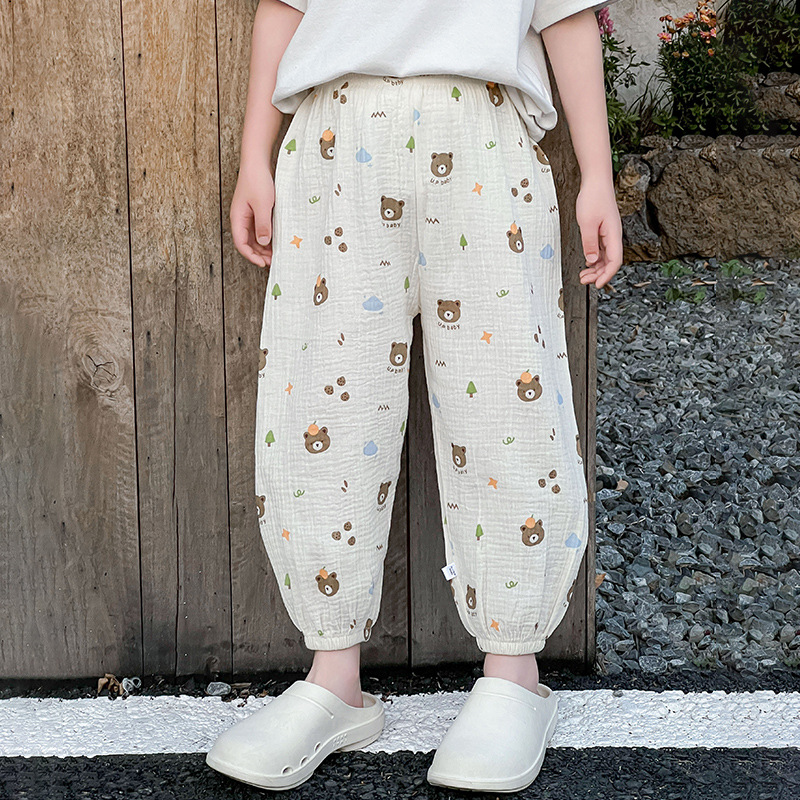 어린이 한국식 면사 모기 방지 바지 2024 여름 새 소년과 소녀  더블 거즈 캐주얼 통기성 바지