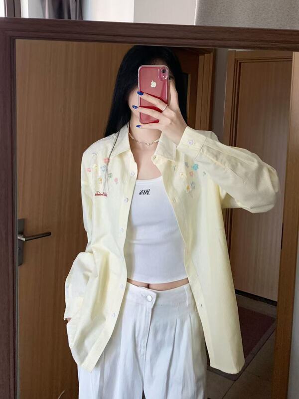韩版可爱刺绣条纹衬衫女叠穿遮肉宽松百搭衬衣外搭防晒开衫ins潮|undefined