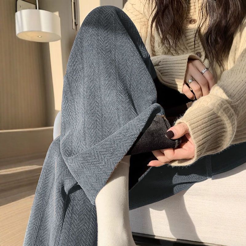 加厚人字纹雪尼尔阔腿裤子女秋冬加绒直筒高腰休闲宽松直筒裤子女