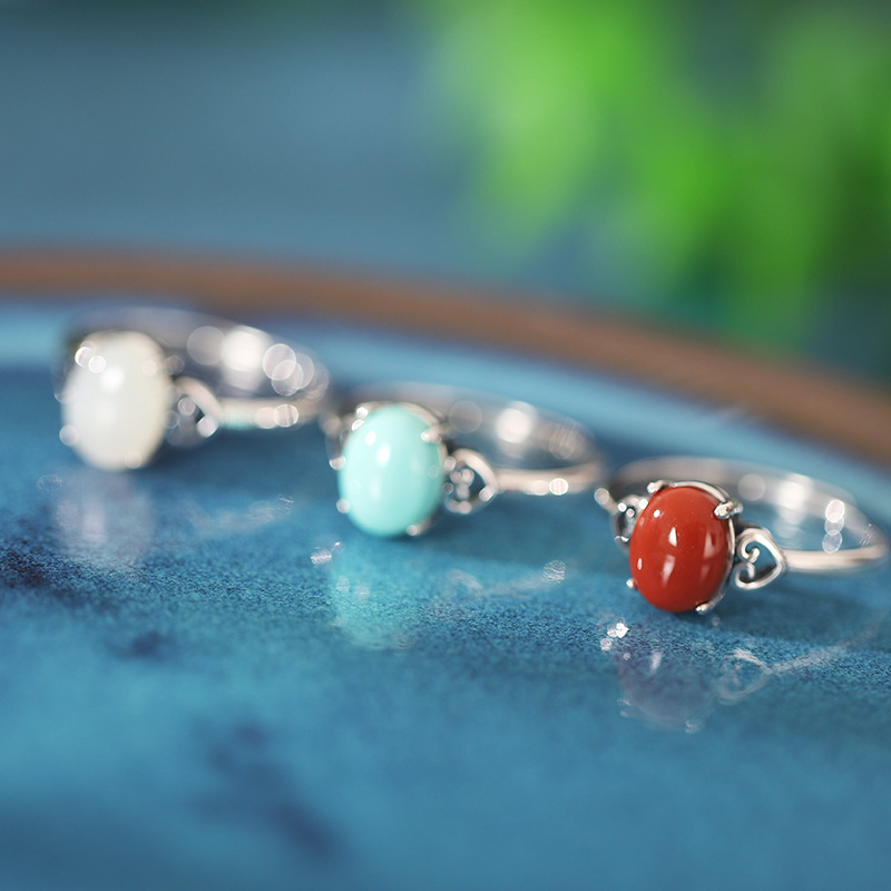 925 silver retro fashion four-claw auspicious cloud pattern oval stone ring