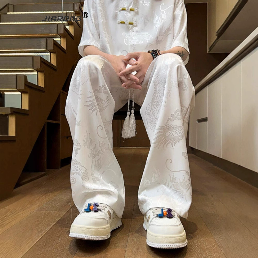 Мужские спортивные брюки из китайского шелка-айс, весна-осень 2025, стиль TikTok, кэжуал, жаккардовый драпированный прямой крой
