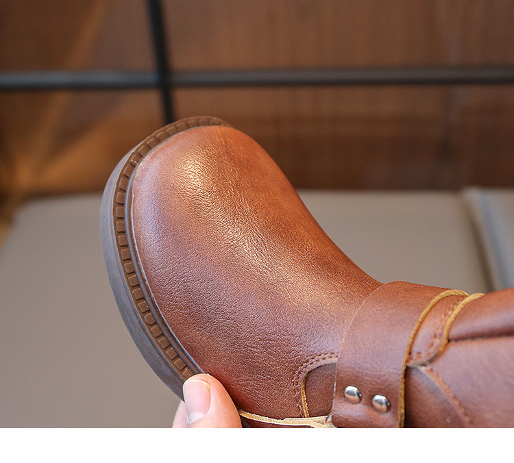 Bottes Martin montantes en cuir noires à fermeture éclair latérale pour filles et garçons de taille moyenne et grande, nouvelle collection automne 2024_voghion.com