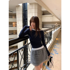 ovinsyang 秋季新款女T恤撞色拼接假两件修身显瘦长袖上衣