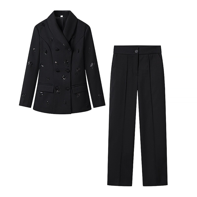 Cross-Border Wholesale Women's New Fashion Sequined Tie-Waist Blazer High-Waisted Straight-Leg Pants Set Cross-Border Wholesale Women's New Fashion Sequined Tie-Waist Blazer High-Waisted Straight-Leg Pants Set