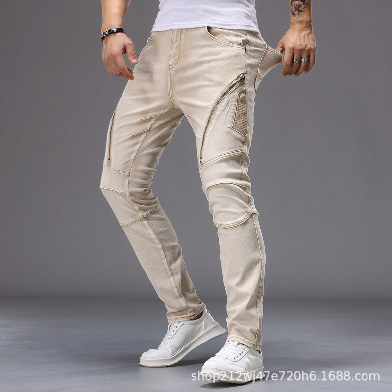 Cross-Border Supply Trendy Retro Stretch Jeans Zipper Splicing Motorcycle Miscellaneous Men's Denim Trousers