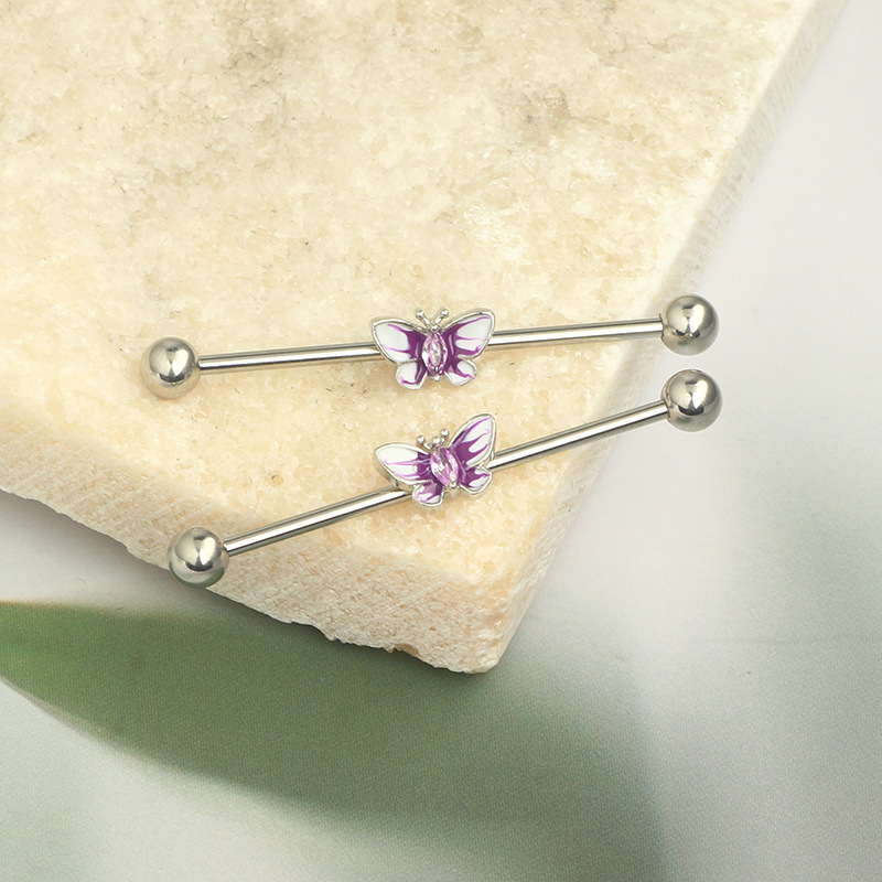 Butterfly Moon Ear Bar Piercing Earrings Zircon Stainless Steel Industrial Earrings detail image 9