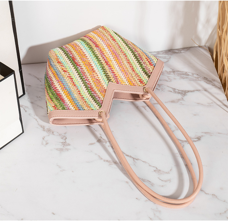 Women's Large Straw Color Block Fashion Bucket Zipper Shoulder Bag display picture 6