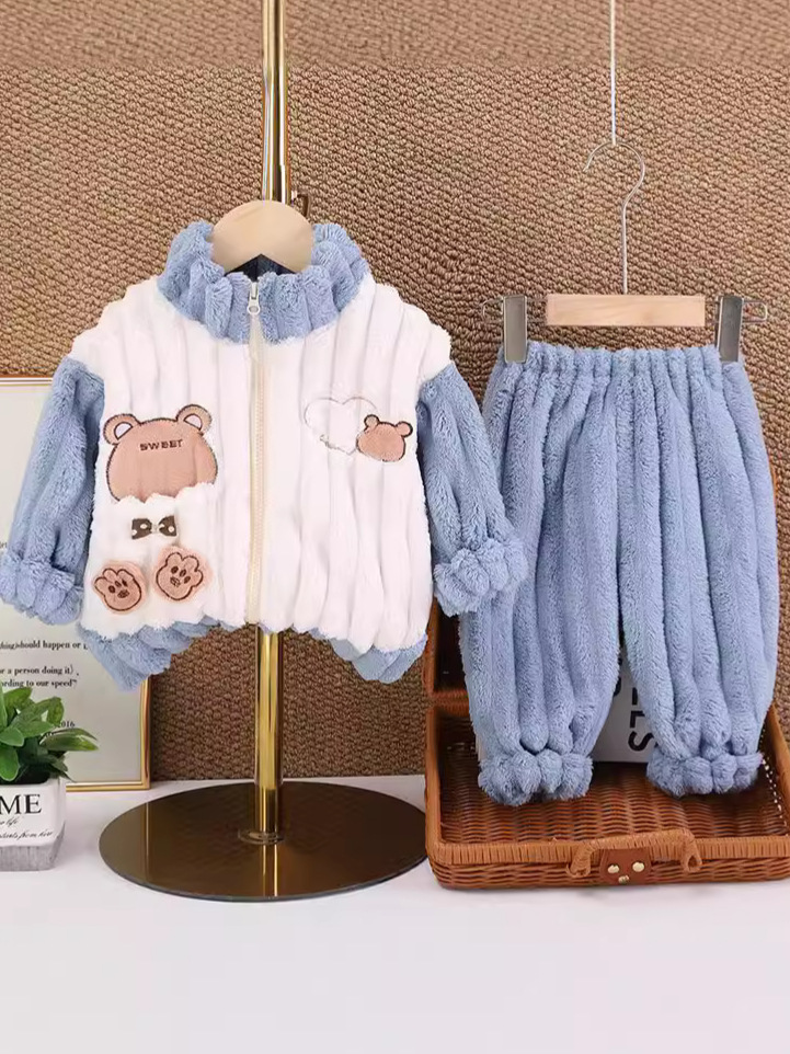Hombres y niñas invierno ropa casera con cremallera nueva ropa de bebé con pijamas de peluche gruesas de dos piezas