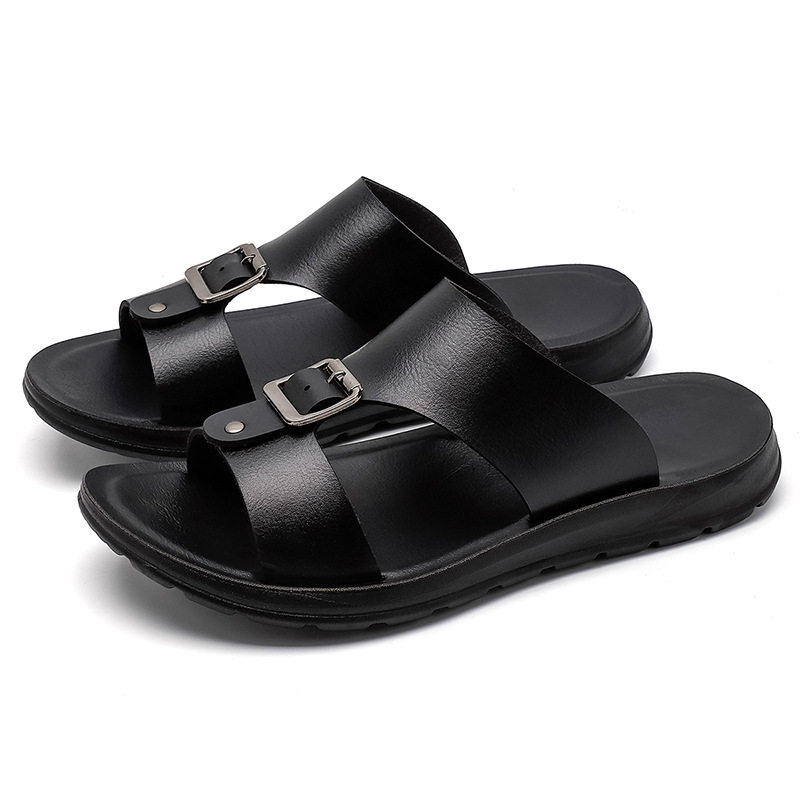 Dép sandal nam quai ngang hở ngón cỡ lớn, da PU chống trượt, đi biển và đi ngoài trời — Màu trắng, màu đen