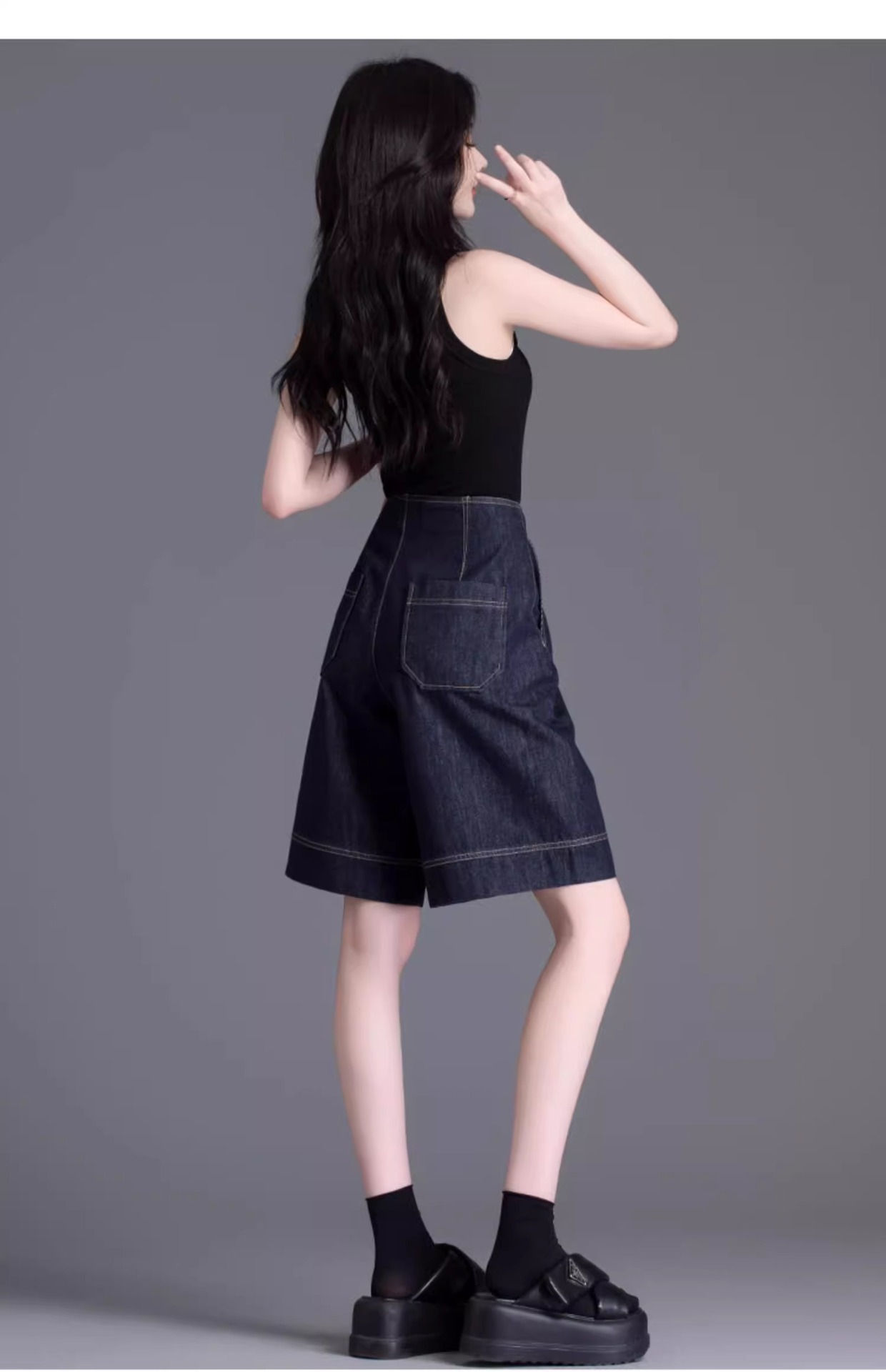 Quần short denim nữ dáng rộng ống suông mùa hè — Xanh denim chi tiết 4
