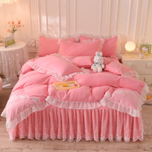 韩版亲肤超柔磨毛蕾丝花边床裙纯色淑女四件套纯色单双人床罩批发