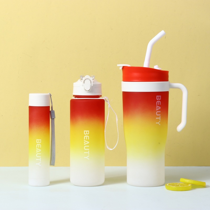 国境を越えた高価値の3ピースグラデーションカラープラスチックストローカップ大容量アイスバーカップハンドル付きカーカップウォーターカップ|undefined