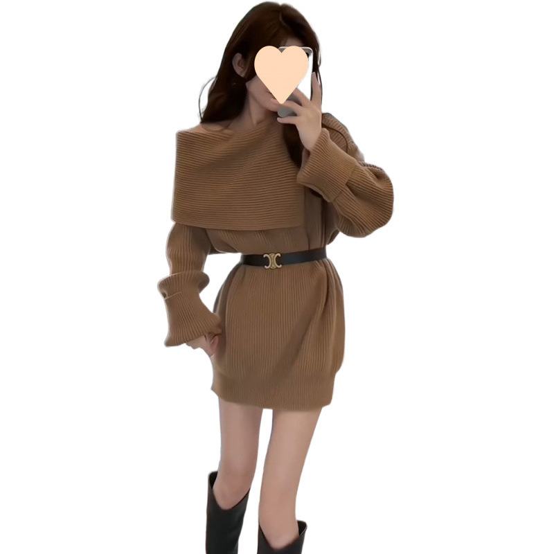 法式高级感气质名媛打底毛衣裙女秋季新款小个子露肩针织连衣裙|undefined