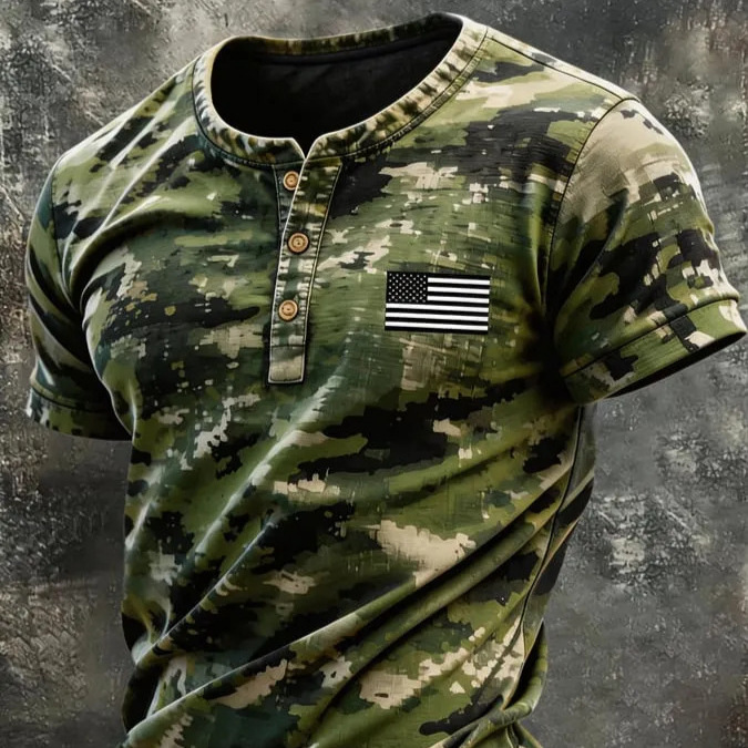 2026 Cross-Border Amazon Foreign Trade Men's Polo Shirt Top 3D Digital Printing Camouflage Pattern Round Neck Polo Shirt