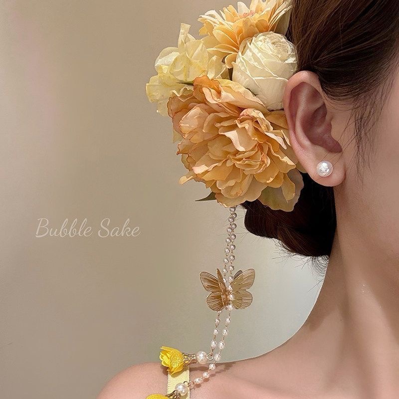 6# orange yellow simulated peony multi-petal chrysanthemum white rose pearl tassel hair clip