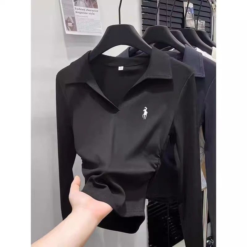 Women's Slim Fit Embroidered Base Layer T-Shirt Long Sleeve Collared Design Off-Shoulder Top For Autumn Winter Unique Style_voghion.com