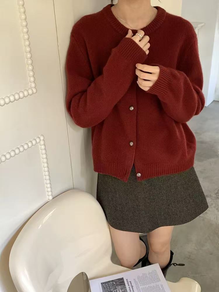 Cárdigan Corto de Punto para Mujer de Acrílico con Cuello Redondo y Manga Larga para Otoño e Invierno