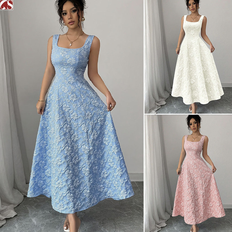 Amazon 2026 Cross-Border European and American Summer Clothing Elegant and Simple Jacquard Square-Neck Long Dress Amazon 2026 Cross-Border European and American Summer Clothing Elegant and Simple Jacquard Square-Neck Long Dress
