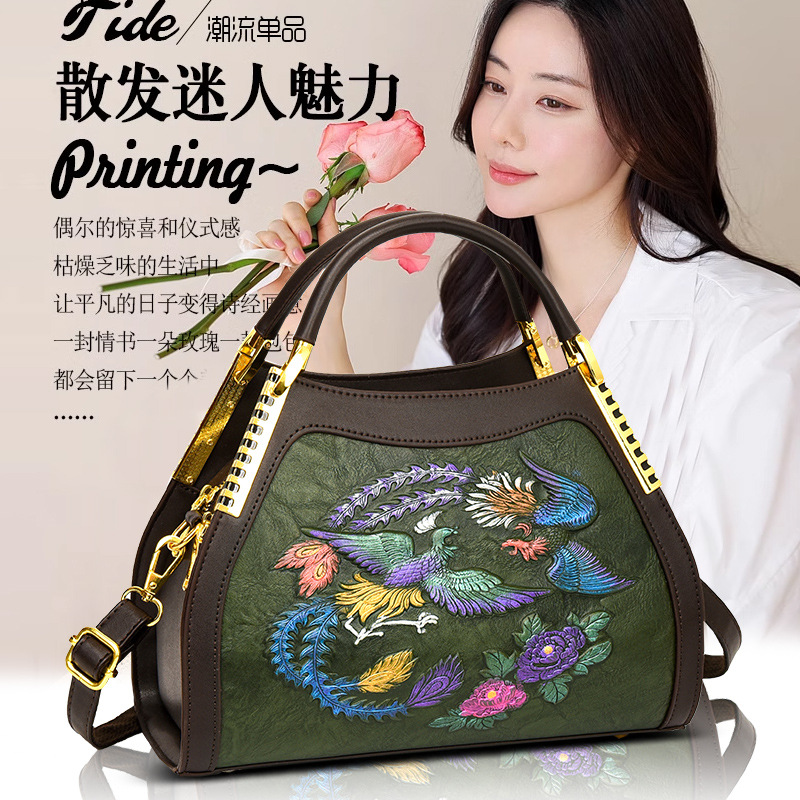 Luz de lujo de alta calidad retro nacional china en el viento de las madres mayores bolsas de mano en relieve de mujeres bolsas de hombro de un solo hombro