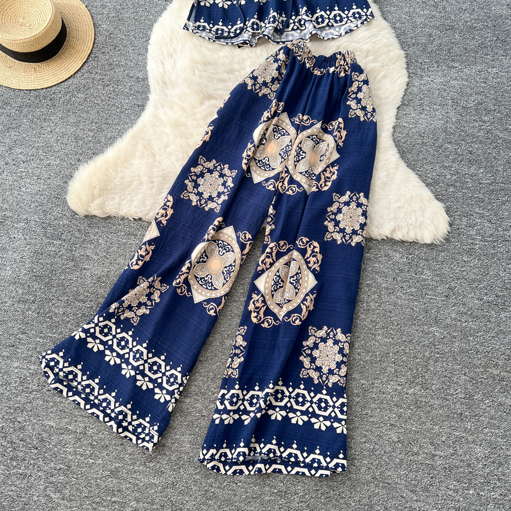 Women's Pant Set V Neck Lantern Sleeve Top And High Waisted Trousers_voghion.com