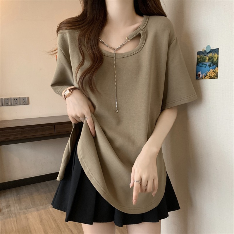 Korean version of 65 cotton T-shirt personality necklace summer new women's short sleeve thin top plus size loose fat sister 300kg