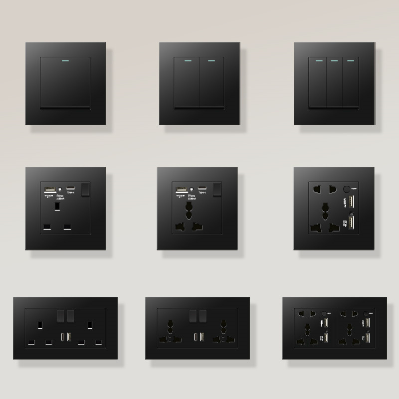 Hong Kong and Macao British 13A socket USB with Type-c fast charge plug Su Ying standard electric light switch plastic black panel