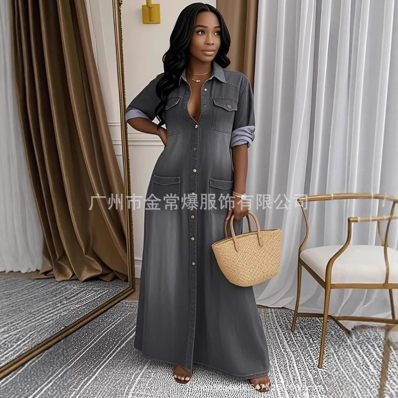 2025 ヨーロッパとアメリカのクロスボーダー Amazon 外国貿易婦人服ファッションウォッシュカジュアル長袖シャツドレスルーズロングスカート|undefined