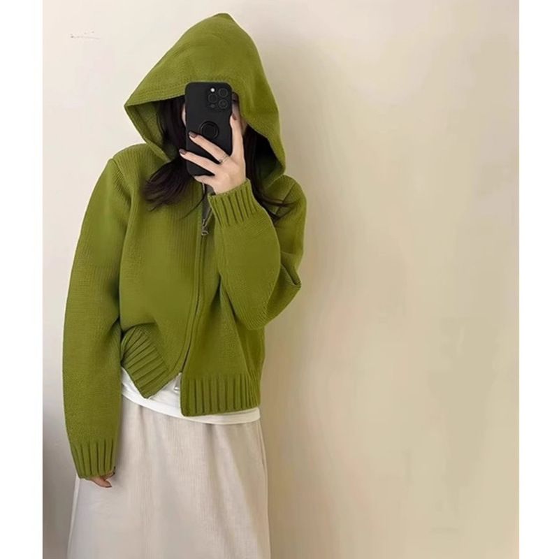 Korean Style Double Zipper Hooded Knitted Cardigan Women's Autumn and Winter Dopamine Wear Lazy Style Short Sweater Coat Top