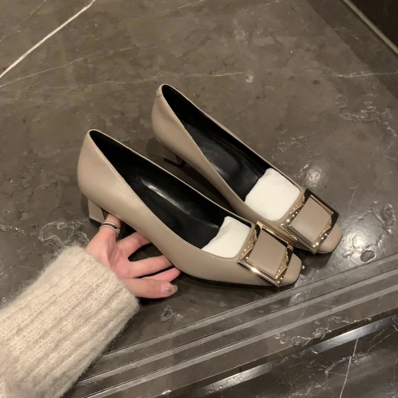 2026 Spring and Autumn New Style Women's High Heels with Horseshoe Heel, Square Toe, Square Buckle, Chunky Heel, Shallow Mouth, Commuter Work Shoes, Pumps