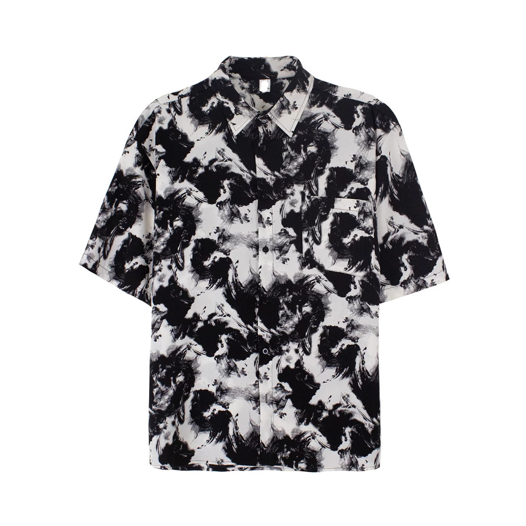 Top de verano Corea del Sur suelta de alto grado drapeado camisa de manga corta de moda masculina Ruan pintura de tinta guapo Camisa sin planchar moda