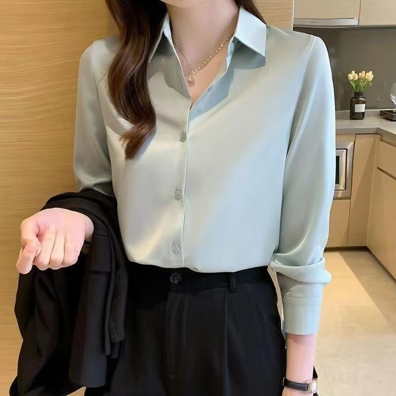 醋酸缎面衬衣女职业装春夏复古港味风设计感小众长袖衬衣白色|undefined