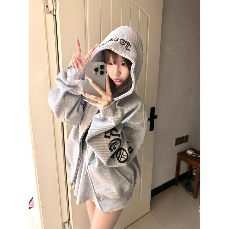 美式高街华夫格哥特风字母连帽卫衣女2025秋冬款开衫拉情侣装外套|undefined
