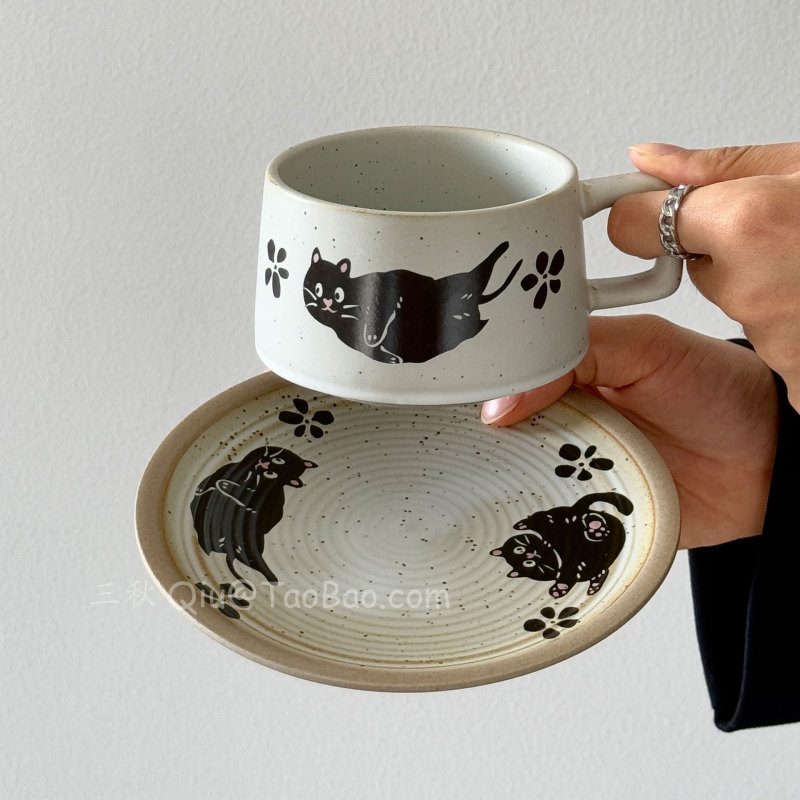 Sanqレトロ粗陶杏色猫コーヒーカップ皿デザイン感午後ティーカップラテプルカップ小衆プレゼント|undefined