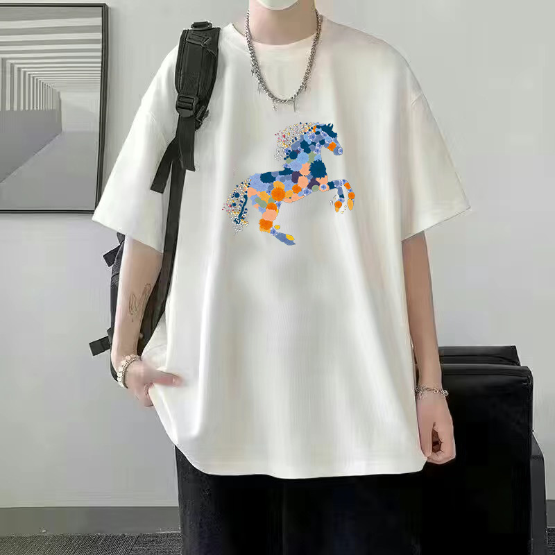 Verano nuevo estilo de seda de hielo tendencia camiseta suelta estilo de Hong Kong impresión cuello redondo camiseta de manga corta tendencia femenina todo fósforo camiseta fría
