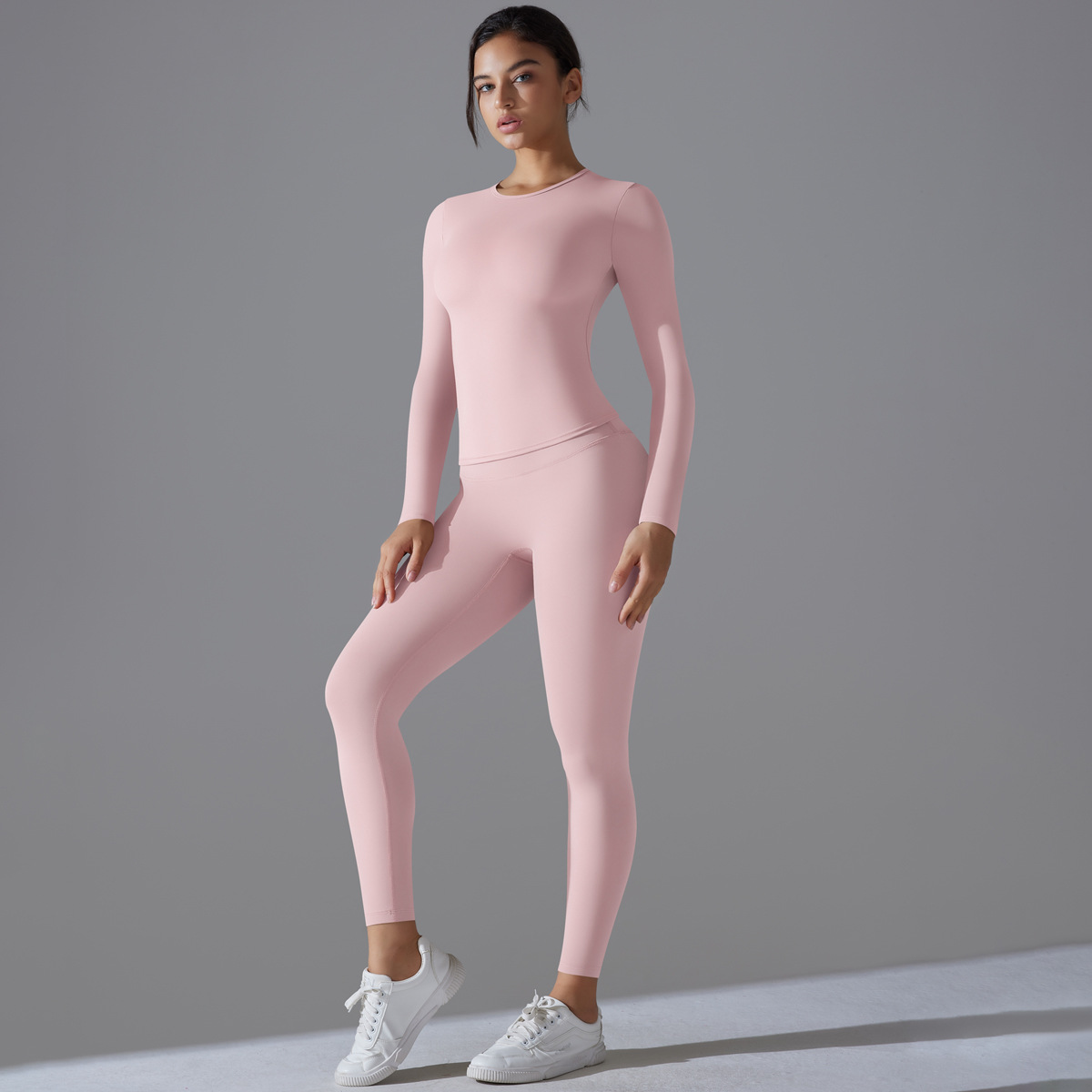 Nuevo color sólido de doble cara abrasiva alta elástica cintura alta apretada elevación de cadera entrenamiento traje de yoga traje de ejercicio para mujeres