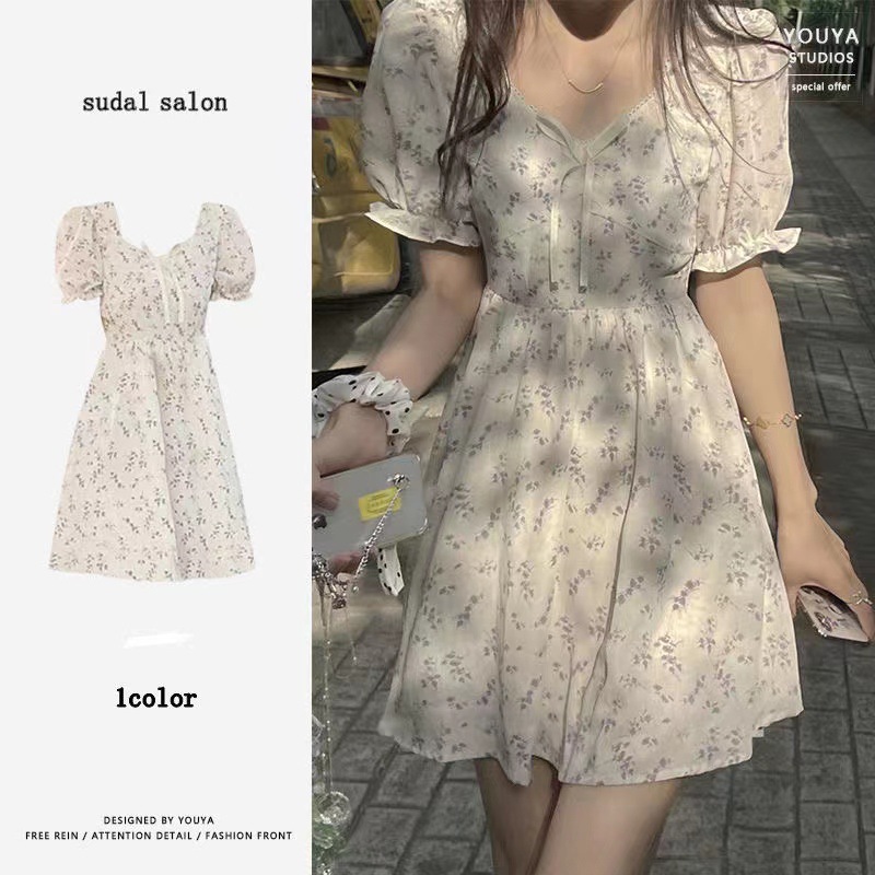 2022 cream Dress summer Qingqing Cool Soft sister Broken flowers Dress Sweet white first love skirt