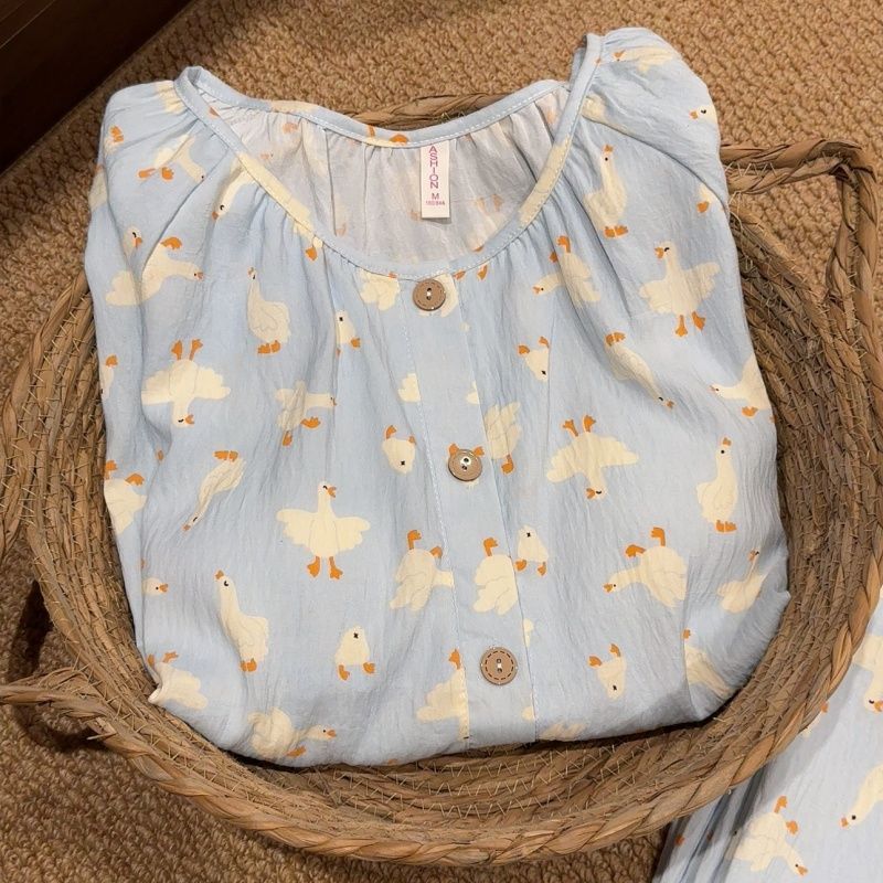 带胸垫睡衣女款春秋季韩系可爱卡通长袖休闲大码家居服套装可外穿|undefined