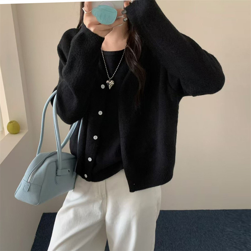 纯色高级感纯欲风假两件针织开衫秋冬新款软糯长袖短款毛衣外套女|undefined