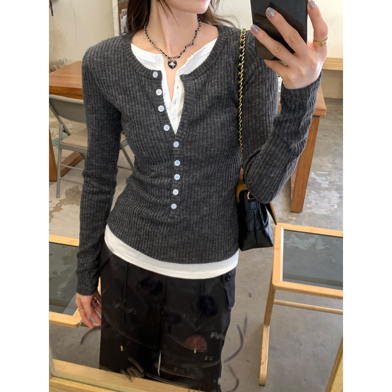 Korean-Style Niche High-End Faux Two-Piece Long-Sleeve Knit Sweater for Women, Autumn 2026 New Slim-Fit Stylish Top