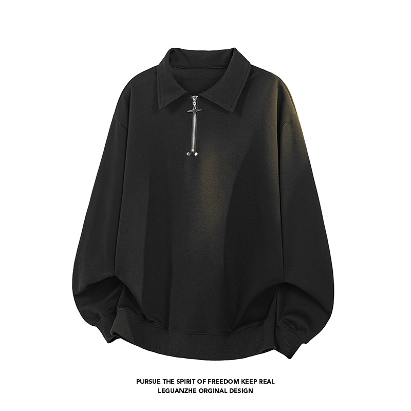 Felpa a collo alto a maniche lunghe con mezza zip in cotone cinese pesante da 300 g per uomo e donna, vestibilità ampia, versatile,_voghion.com