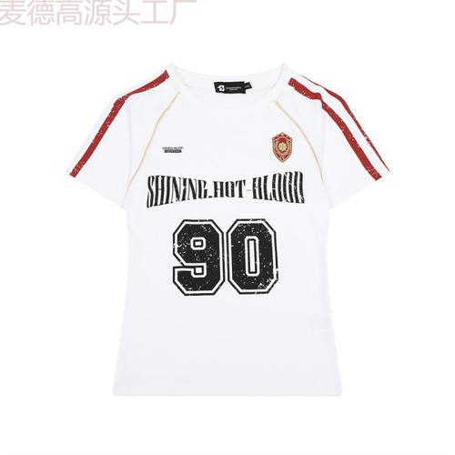 90 Number Printed Sport Short Sleeve T-shirt Women's Summer American Round Neck Striped Shoulder Sleeve Round Neck Top
