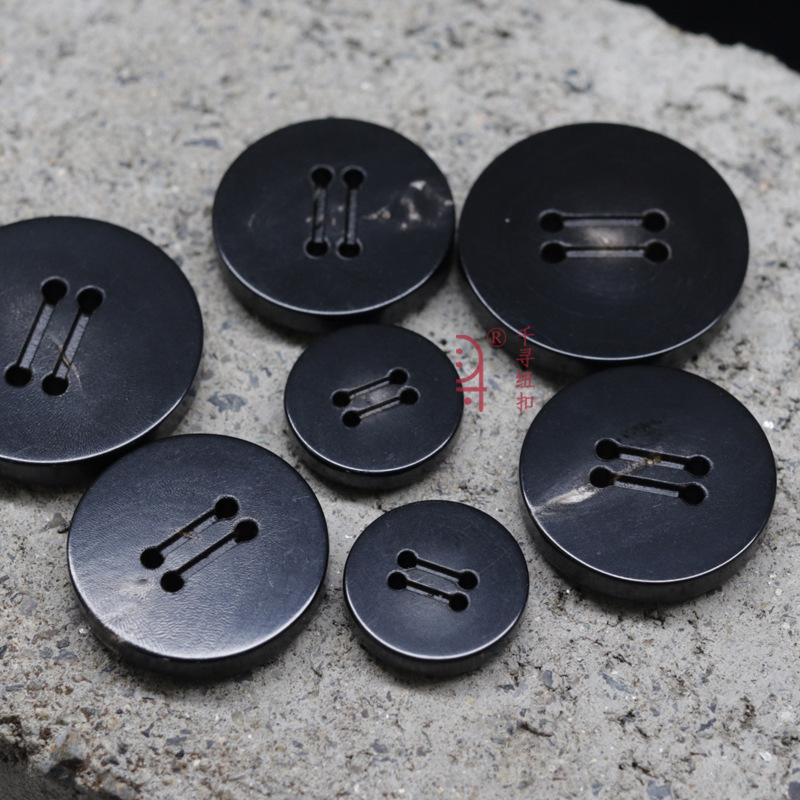 Natural Black Ox Horn Long Groove Four-Hole Buttons, New Chinese Style Linen-Style Long-Sleeve Shirt Buttons, Coat and Cotton Jacket Buttons
