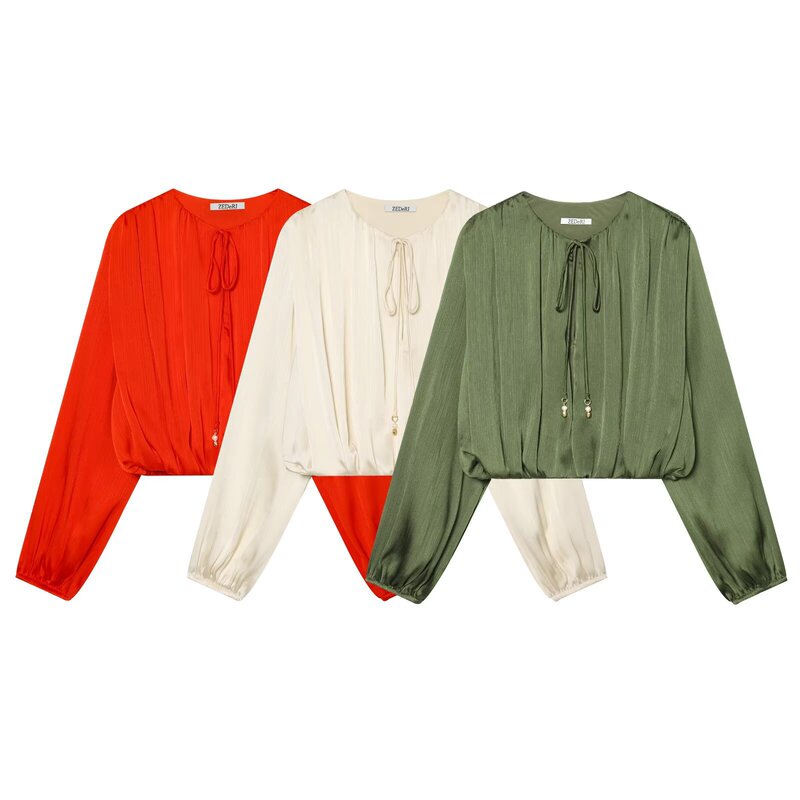 European and American Style Women's Clothing Wholesale 2026 Spring and Summer New Balloon Style Silk Satin Texture Beaded V-Neck Long-Sleeve Shirt
