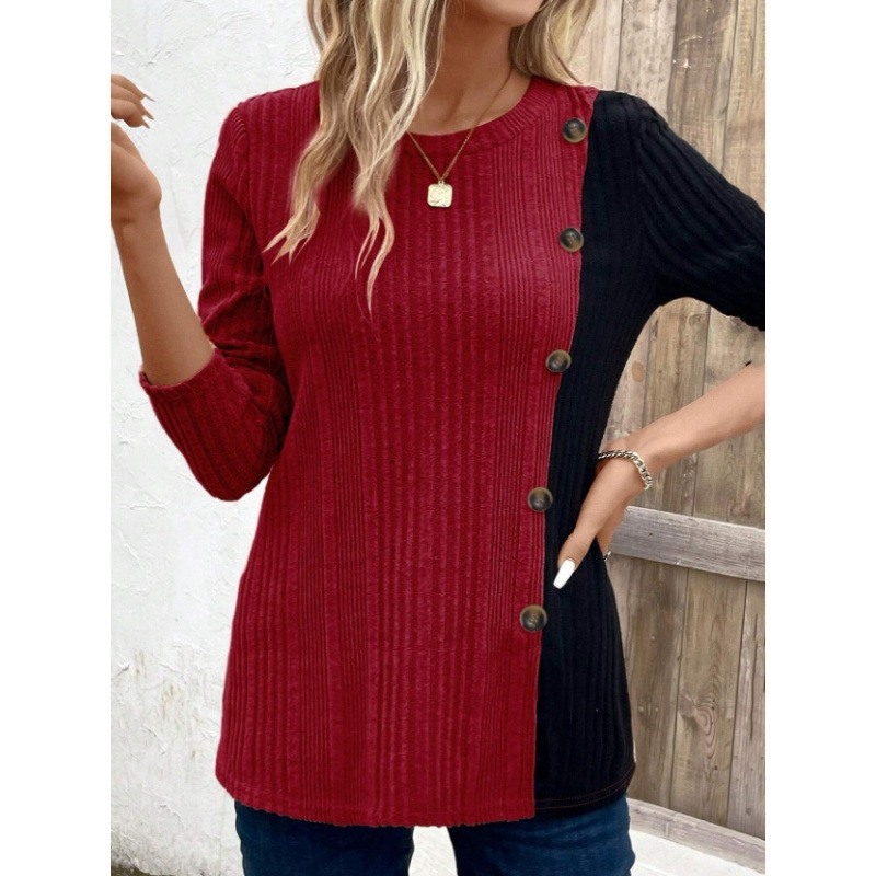Women's Color Block Ribbed Long Sleeve Top - Round Neck Button Decorated Patchwork Casual Shirt Women's Color Block Ribbed Long Sleeve Top - Round Neck Button Decorated Patchwork Casual Shirt