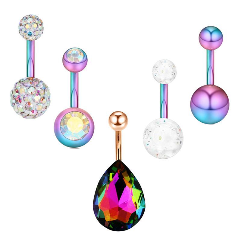 Stainless Steel Zircon Belly Ring Set - 5 Piece Navel Piercing Jewelry with Cactus Floral Design detail image 9
